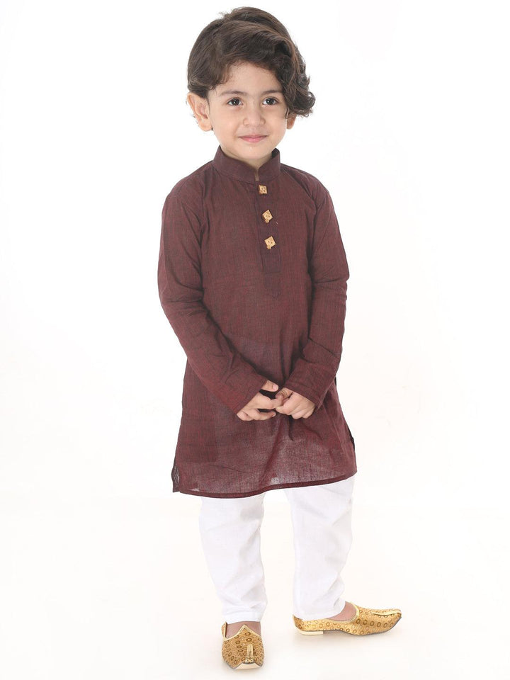 VASTRAMAY SISHU Boys Maroon And White Pure Cotton Kurta Pyjama Set - Uboric