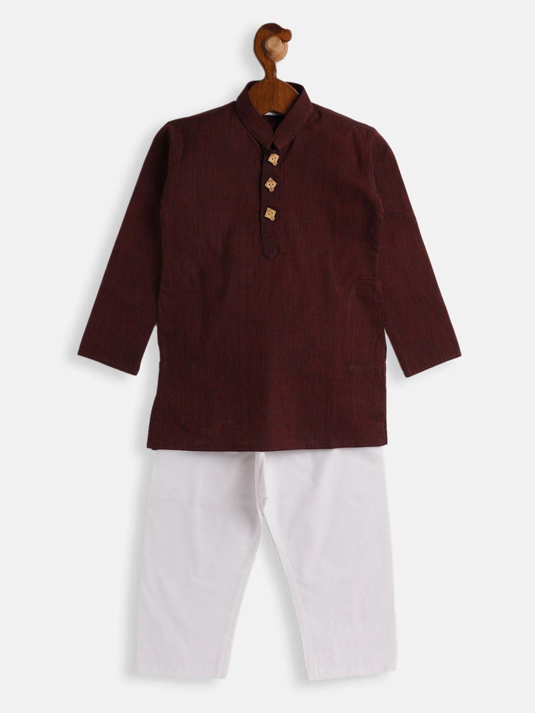 VASTRAMAY SISHU Boys Maroon And White Pure Cotton Kurta Pyjama Set - Uboric