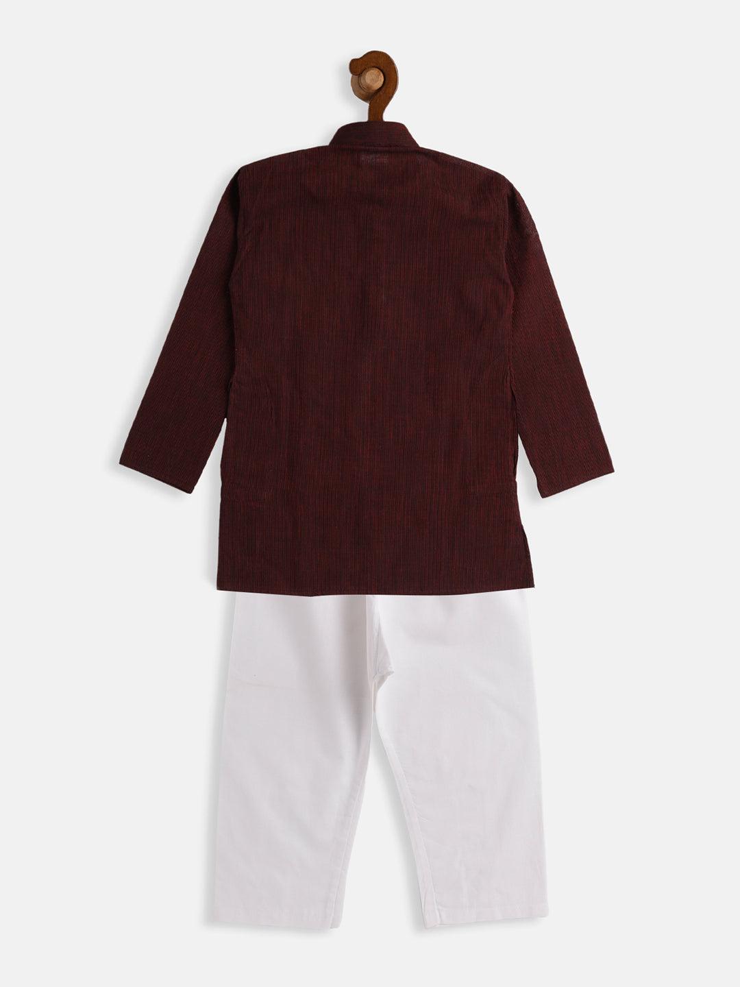 VASTRAMAY SISHU Boys Maroon And White Pure Cotton Kurta Pyjama Set - Uboric