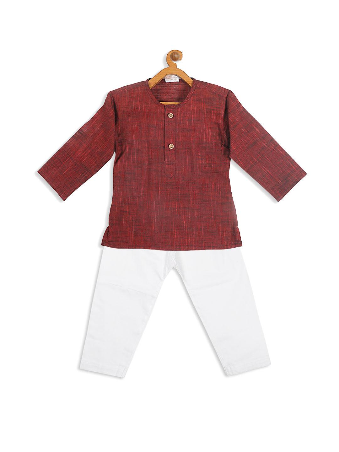 VASTRAMAY SISHU Boys' Maroon Cotton Kurta and White Pyjama Set - Uboric