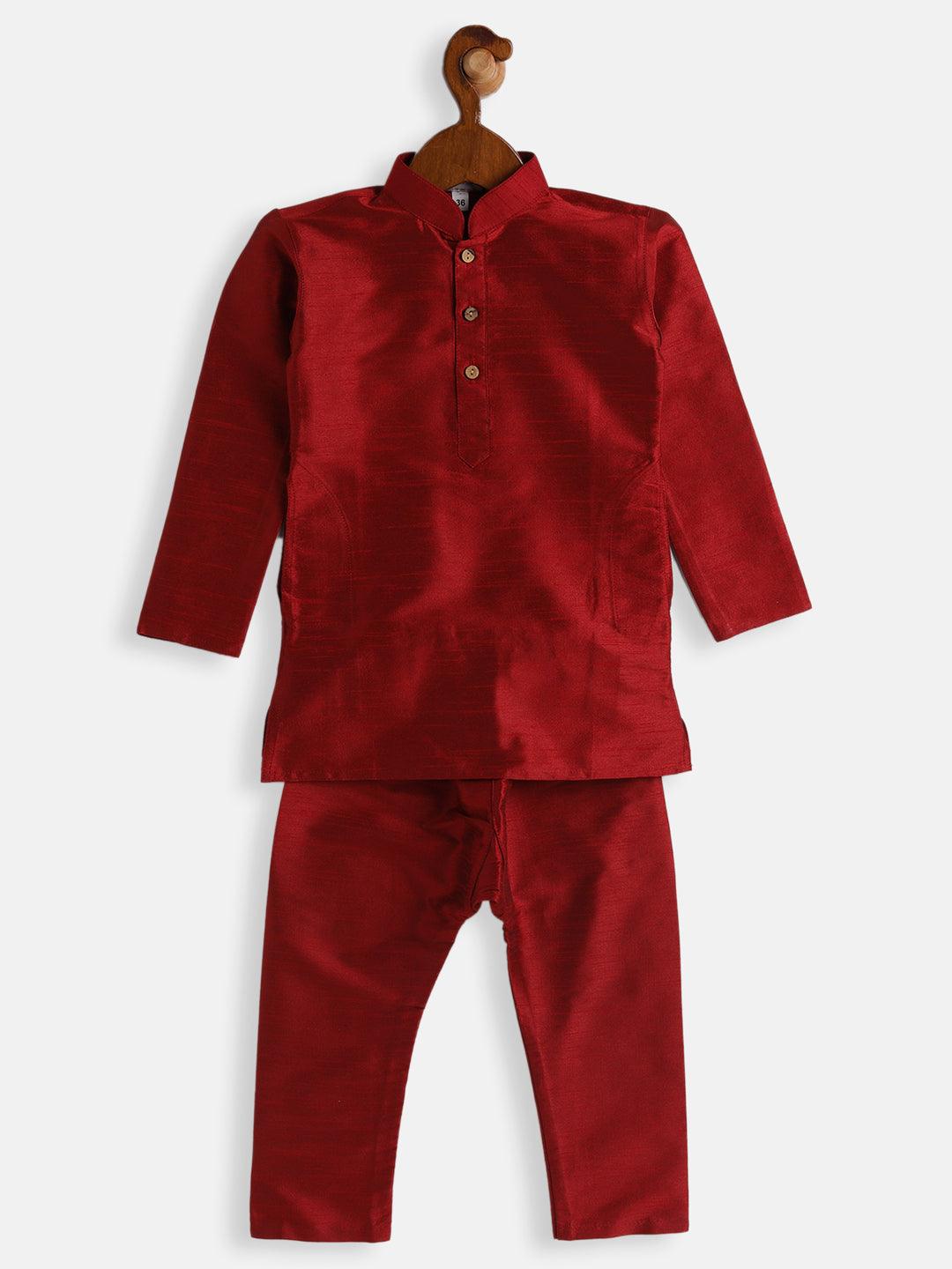 VASTRAMAY SISHU Boys Maroon Silk Blend Kurta Pyjama Set - Uboric