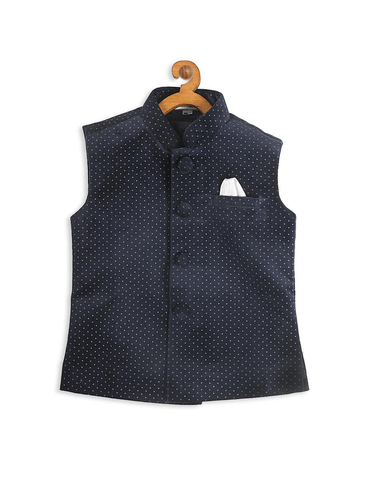 VASTRAMAY SISHU Boys Navy Blue & White Printed Velvet Nehru Jacket - Uboric