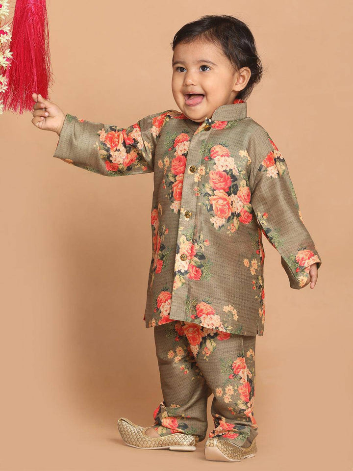 VASTRAMAY SISHU Boys Olive Green Floral Printed Kurta With Pyjama Set - Uboric