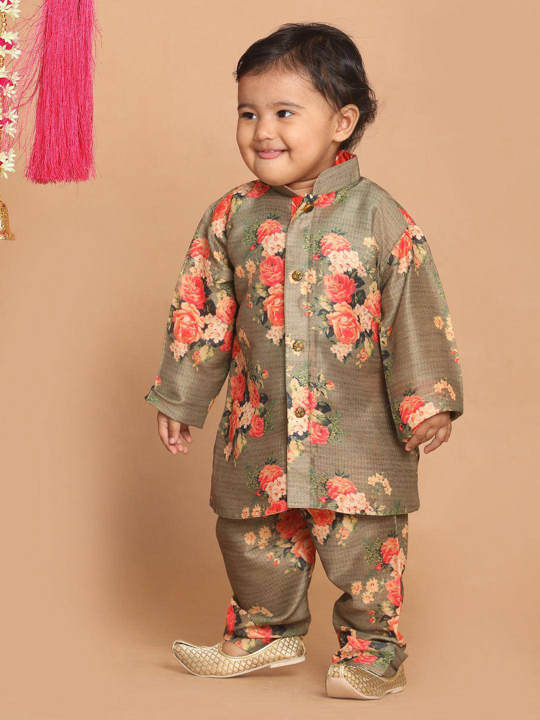 VASTRAMAY SISHU Boys Olive Green Floral Printed Kurta With Pyjama Set - Uboric