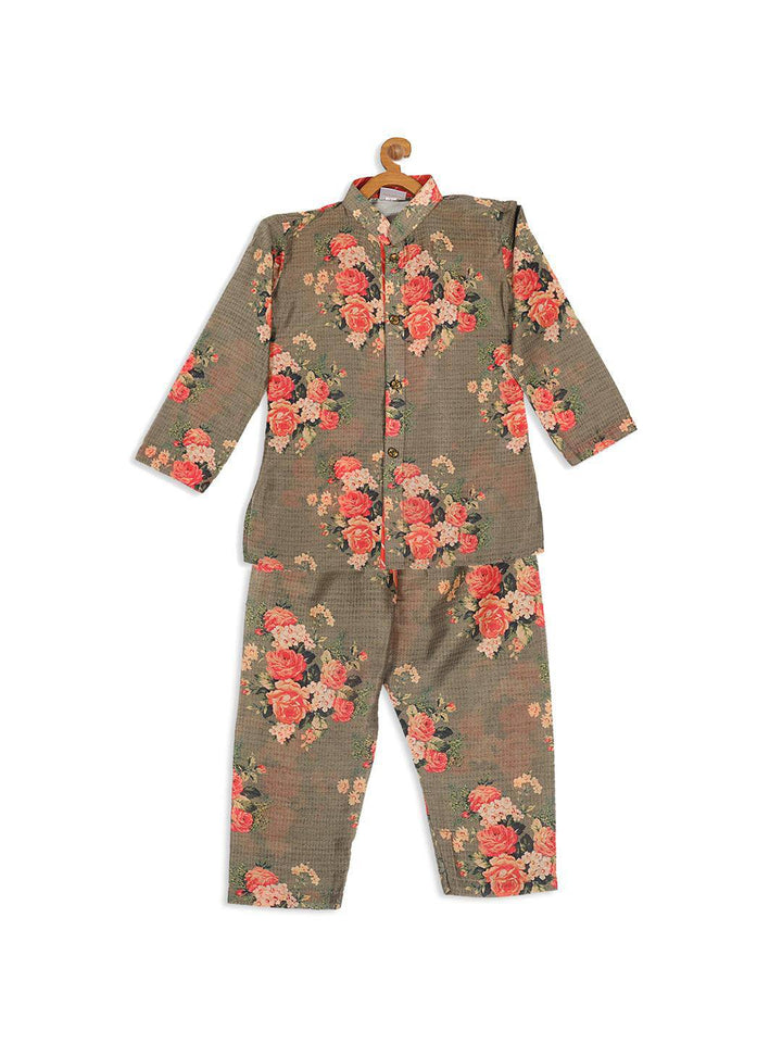 VASTRAMAY SISHU Boys Olive Green Floral Printed Kurta With Pyjama Set - Uboric