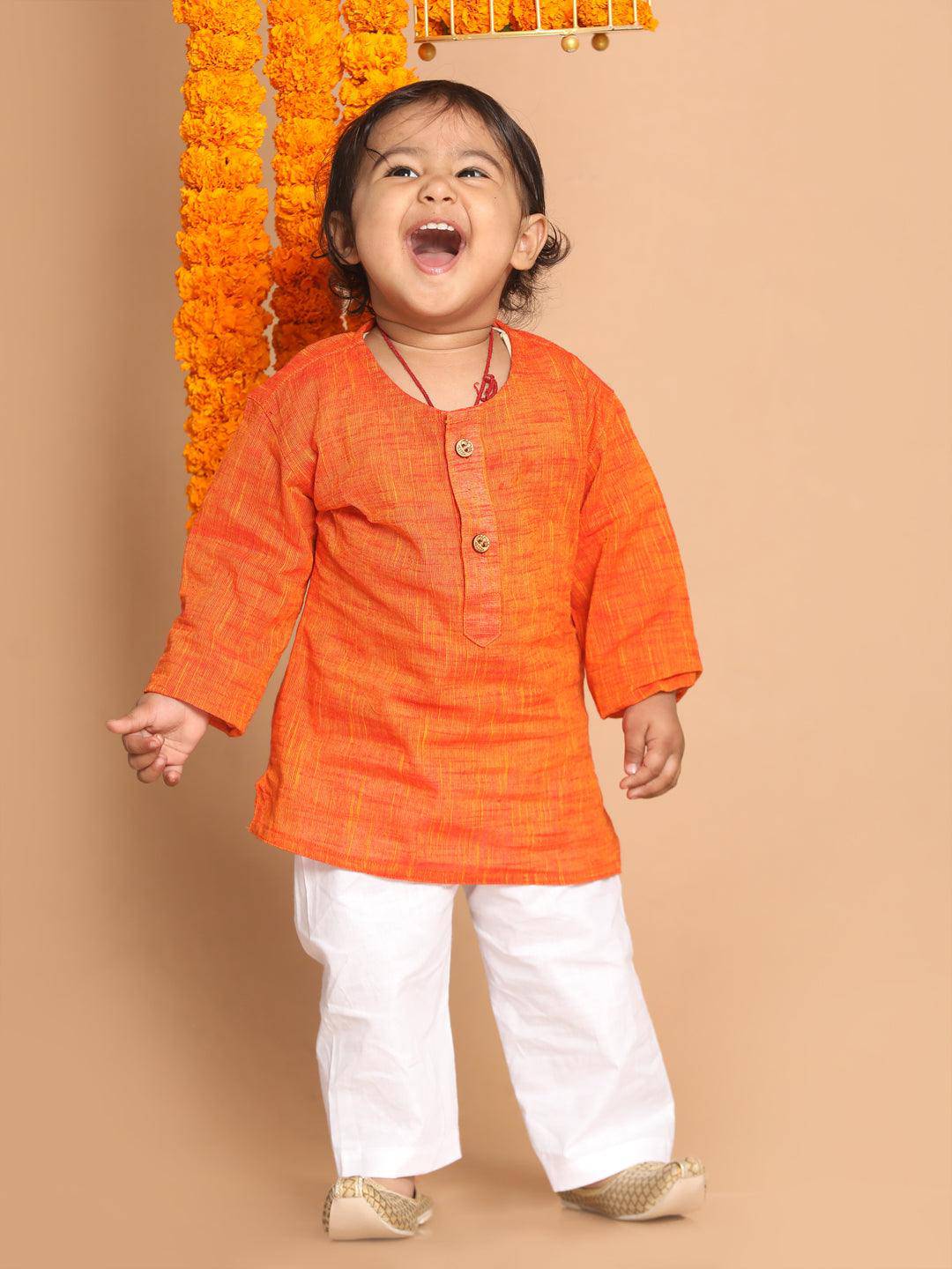 VASTRAMAY SISHU Boys' Orange Cotton Kurta and White Pyjama Set - Uboric