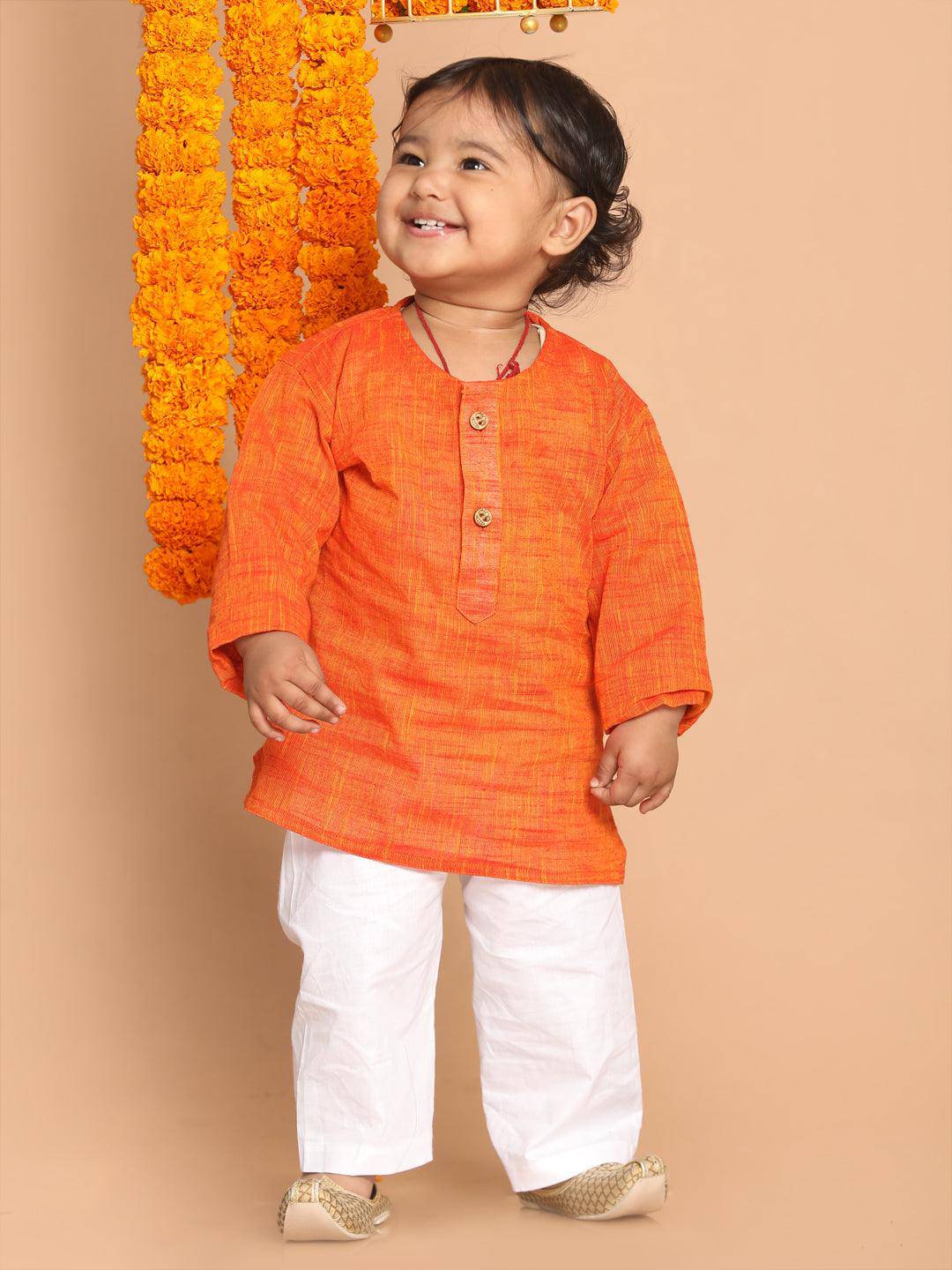 VASTRAMAY SISHU Boys' Orange Cotton Kurta and White Pyjama Set - Uboric