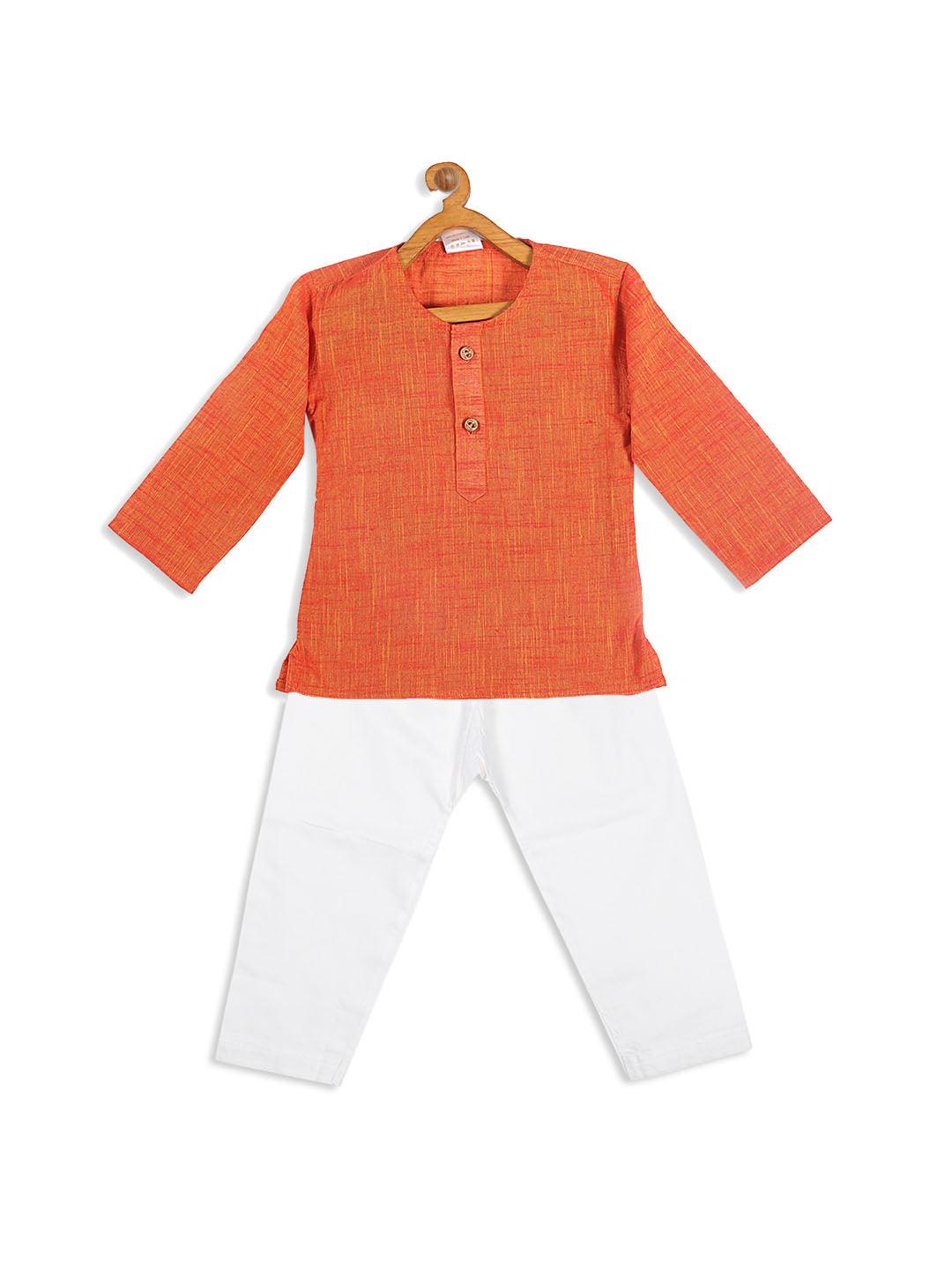 VASTRAMAY SISHU Boys' Orange Cotton Kurta and White Pyjama Set - Uboric