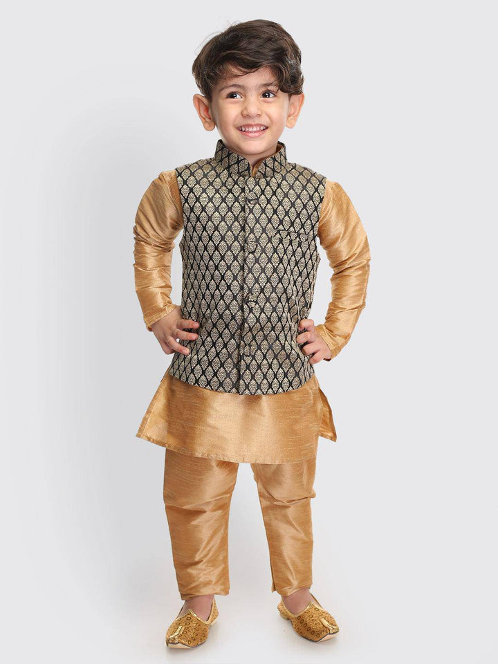 VASTRAMAY SISHU Boys Rose Gold Silk Blend Jacket, Kurta and Pyjama Set - Uboric