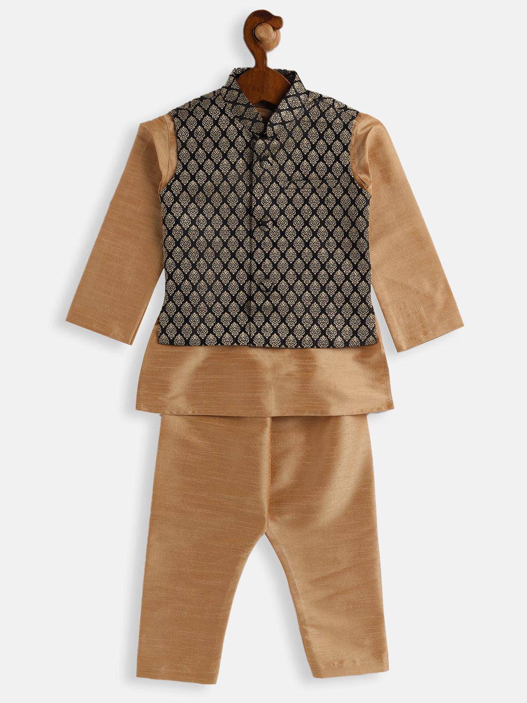 VASTRAMAY SISHU Boys Rose Gold Silk Blend Jacket, Kurta and Pyjama Set - Uboric