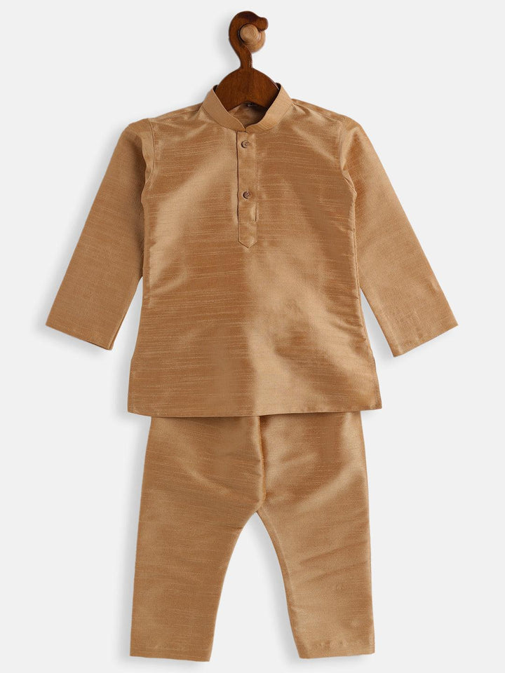 VASTRAMAY SISHU Boys Rose Gold Silk Blend Jacket, Kurta and Pyjama Set - Uboric