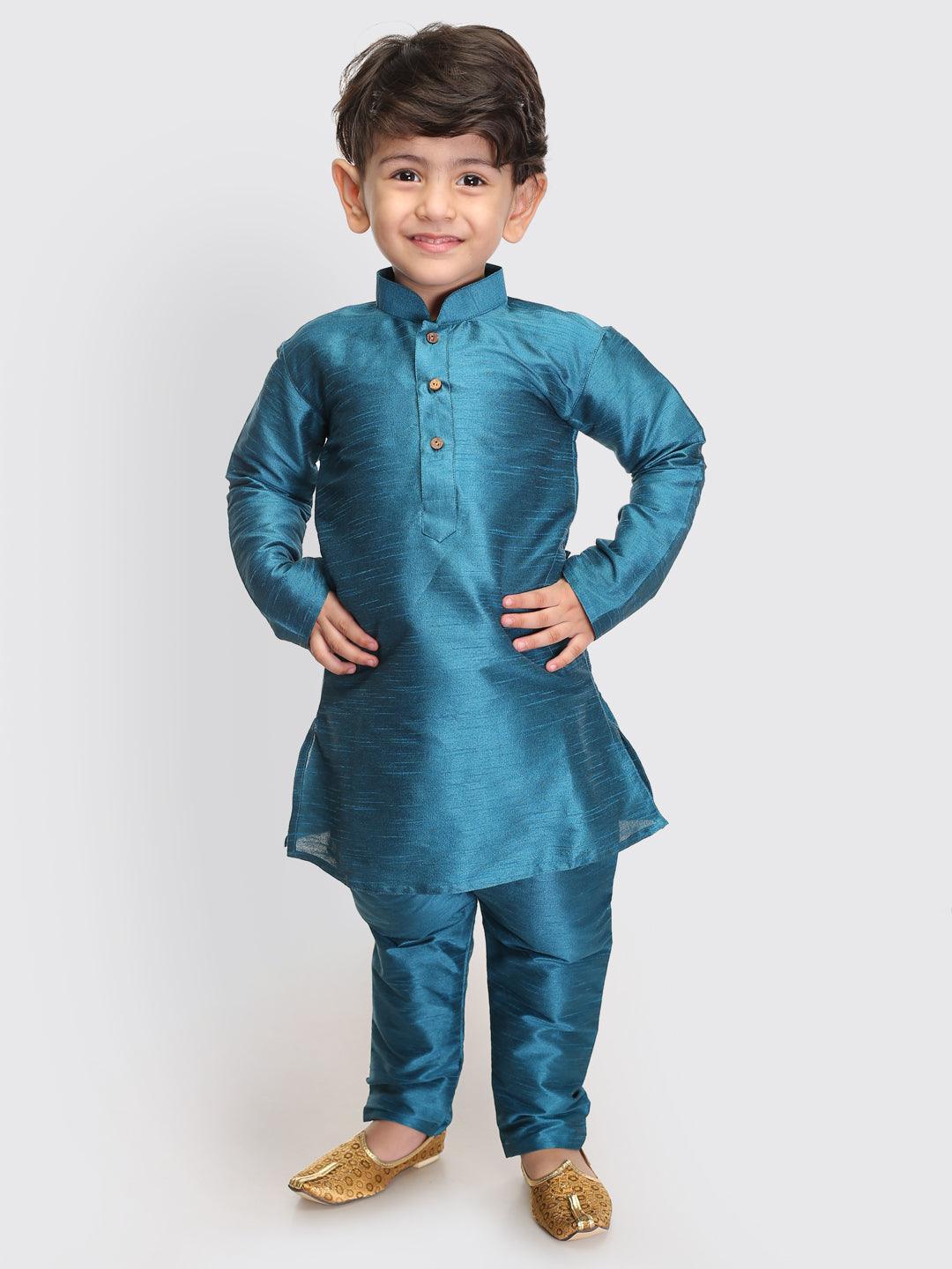 VASTRAMAY SISHU Boys Turquoise Silk Blend Kurta Pyjama Set - Uboric