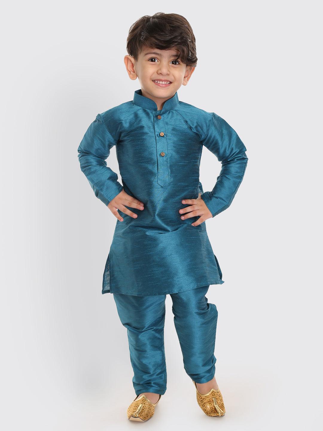 VASTRAMAY SISHU Boys Turquoise Silk Blend Kurta Pyjama Set - Uboric