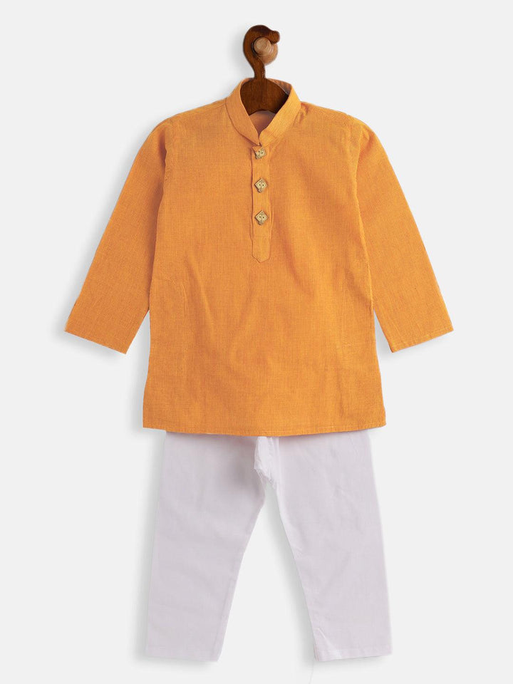 VASTRAMAY SISHU Boys Yellow and White Pure Cotton Kurta Pyjama Set - Uboric