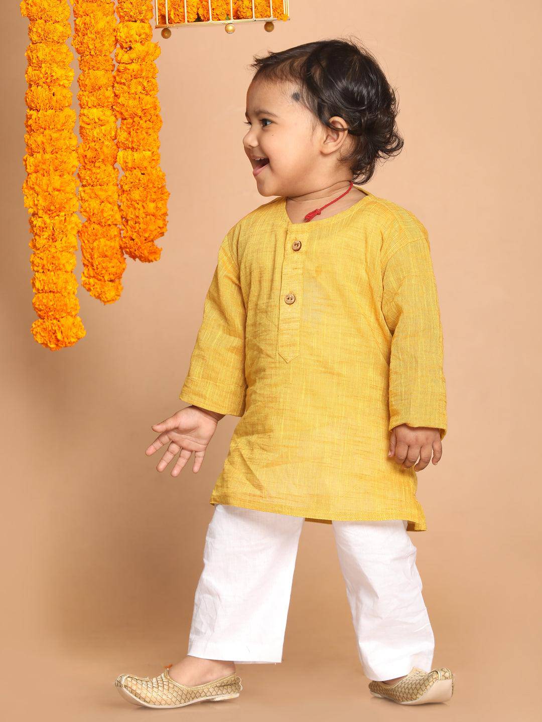 VASTRAMAY SISHU Boys' Yellow Cotton Kurta and White Pyjama Set - Uboric