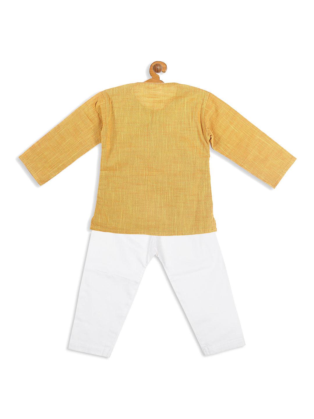 VASTRAMAY SISHU Boys' Yellow Cotton Kurta and White Pyjama Set - Uboric