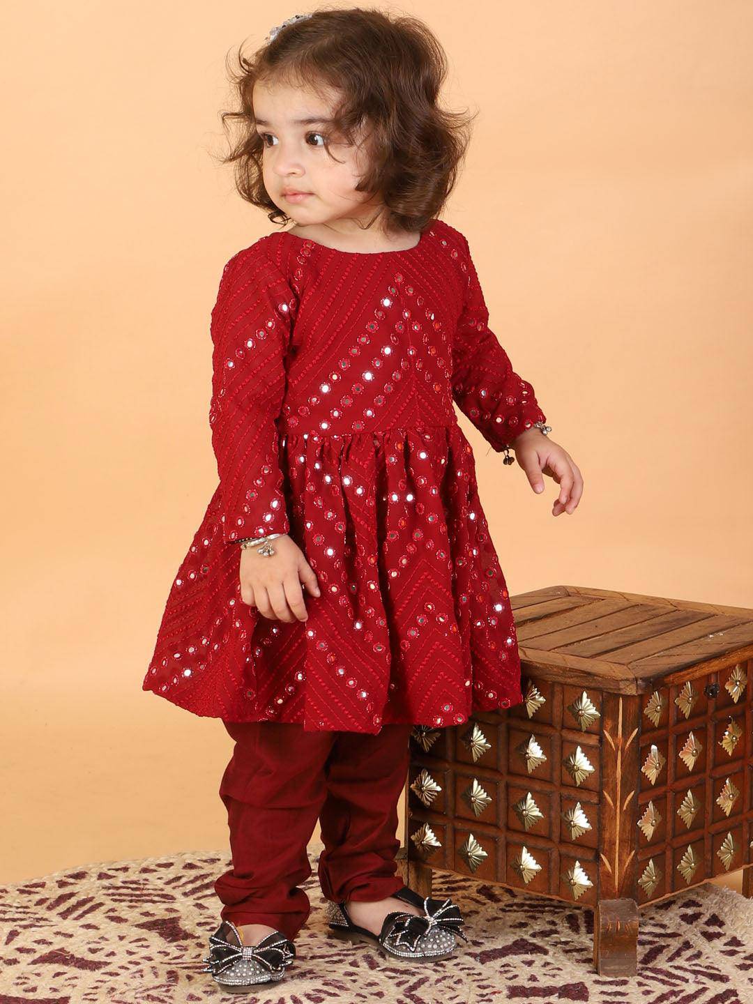 VASTRAMAY SISHU Girl's Maroon Mirror Work Kurta And Churidar Set - Uboric