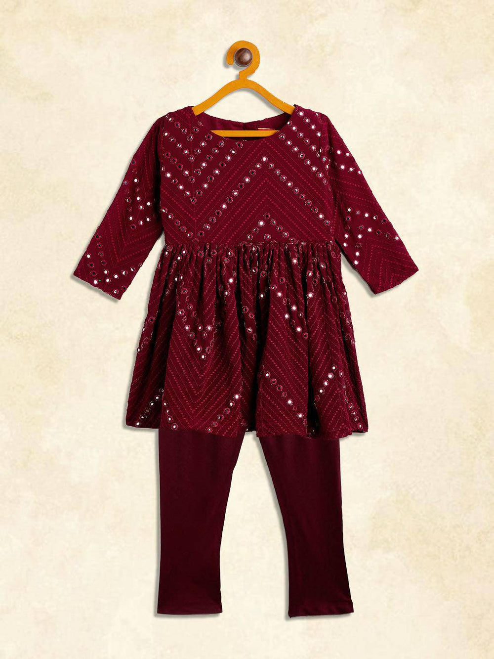 VASTRAMAY SISHU Girl's Maroon Mirror Work Kurta And Churidar Set - Uboric