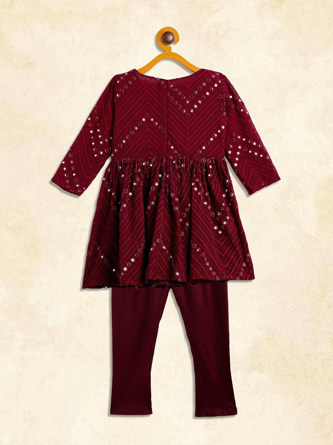 VASTRAMAY SISHU Girl's Maroon Mirror Work Kurta And Churidar Set - Uboric