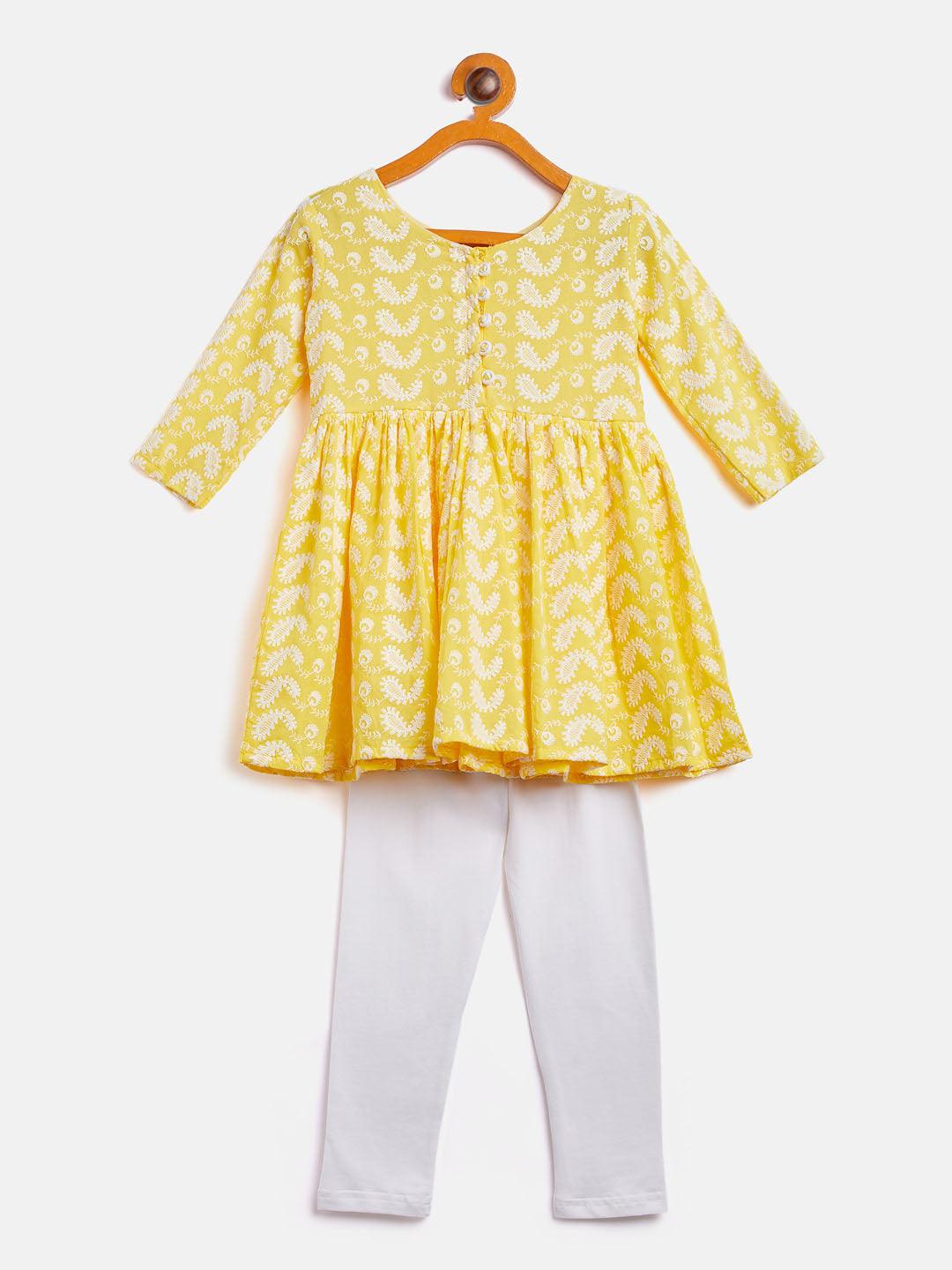 VASTRAMAY SISHU Girl's Mustared Chikankari Kurta Pyjama Set - Uboric