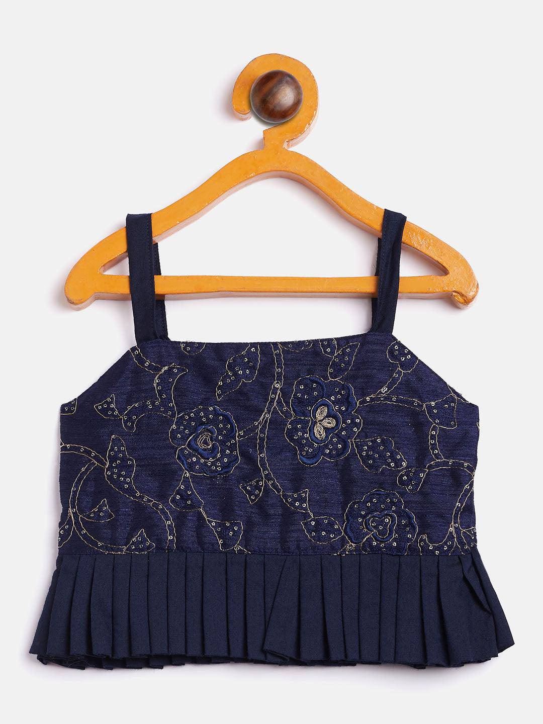 VASTRAMAY SISHU Girl's Navy Blue Draped Skirt With Crop Top - Uboric