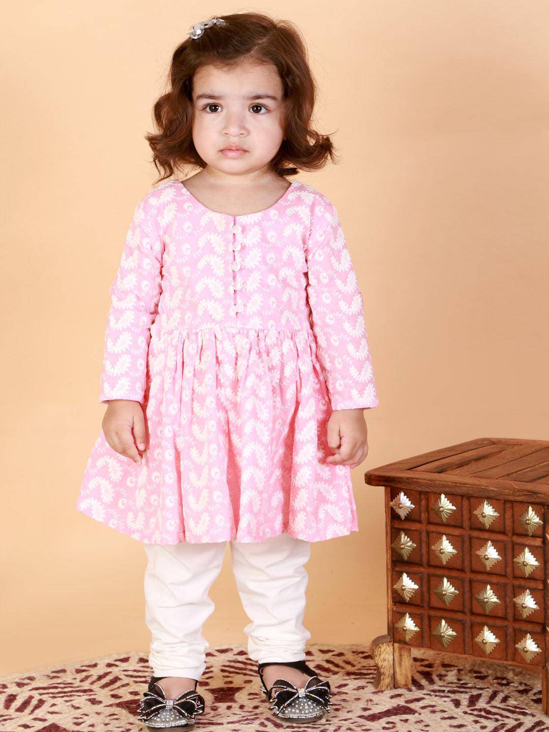 VASTRAMAY SISHU Girl's Pink And White Chikankari Kurta Pyjama Set - Uboric