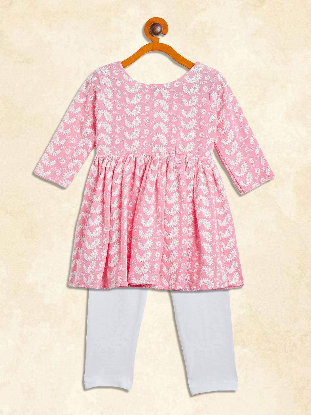 VASTRAMAY SISHU Girl's Pink And White Chikankari Kurta Pyjama Set - Uboric