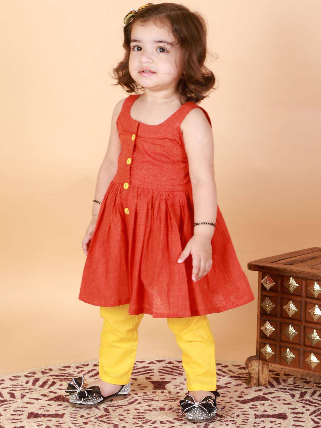 VASTRAMAY SISHU Girl's Red Striped Handloom Kurta With Yellow Pyjama Set - Uboric