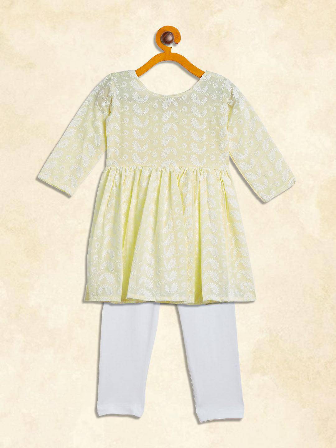 VASTRAMAY SISHU Girl's Yellow And White Chikankari Kurta Pyjama Set - Uboric