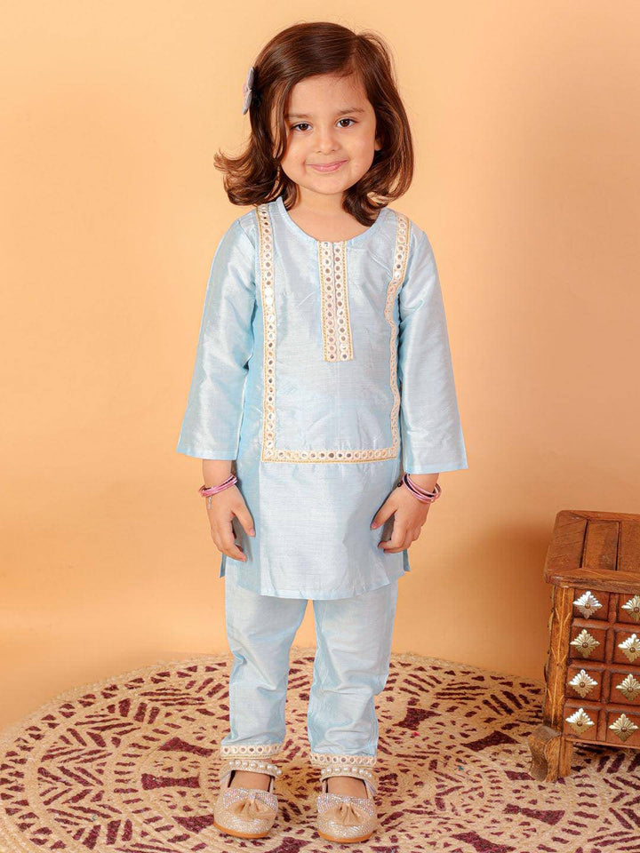 VASTRAMAY SISHU Girls' Aqua Blue Viscose Kurta And Straight Pant Set - Uboric