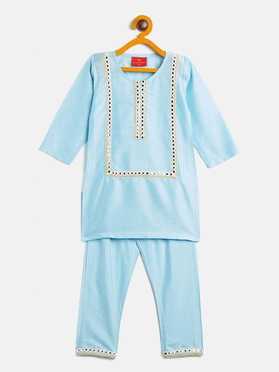 VASTRAMAY SISHU Girls' Aqua Blue Viscose Kurta And Straight Pant Set - Uboric