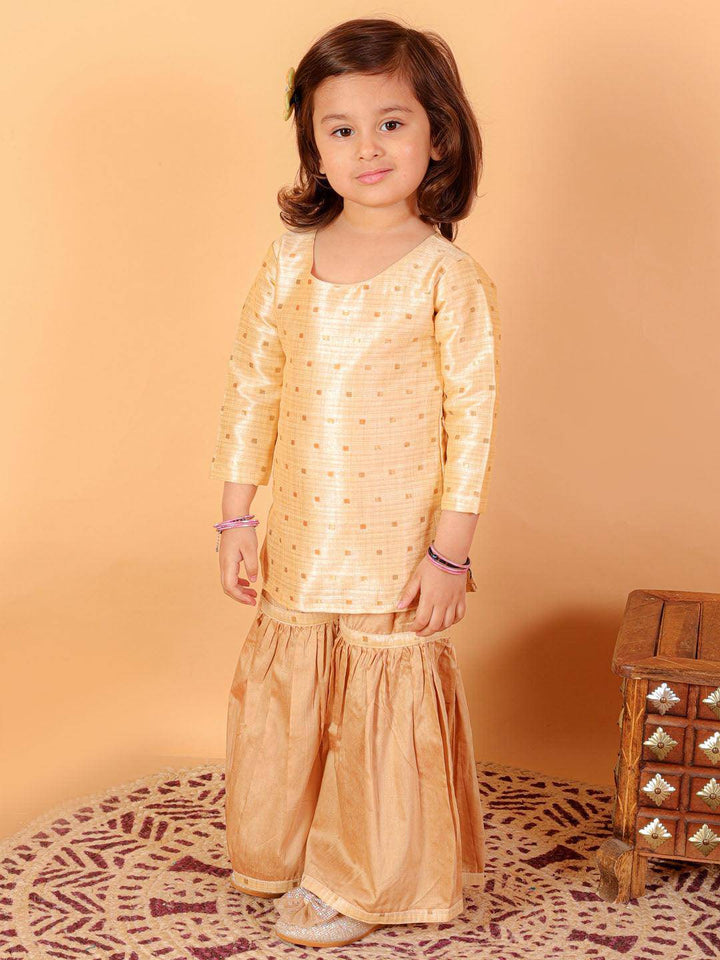 VASTRAMAY SISHU Girls' Gold Zari Kurta And Rose Gold Sharara Set - Uboric