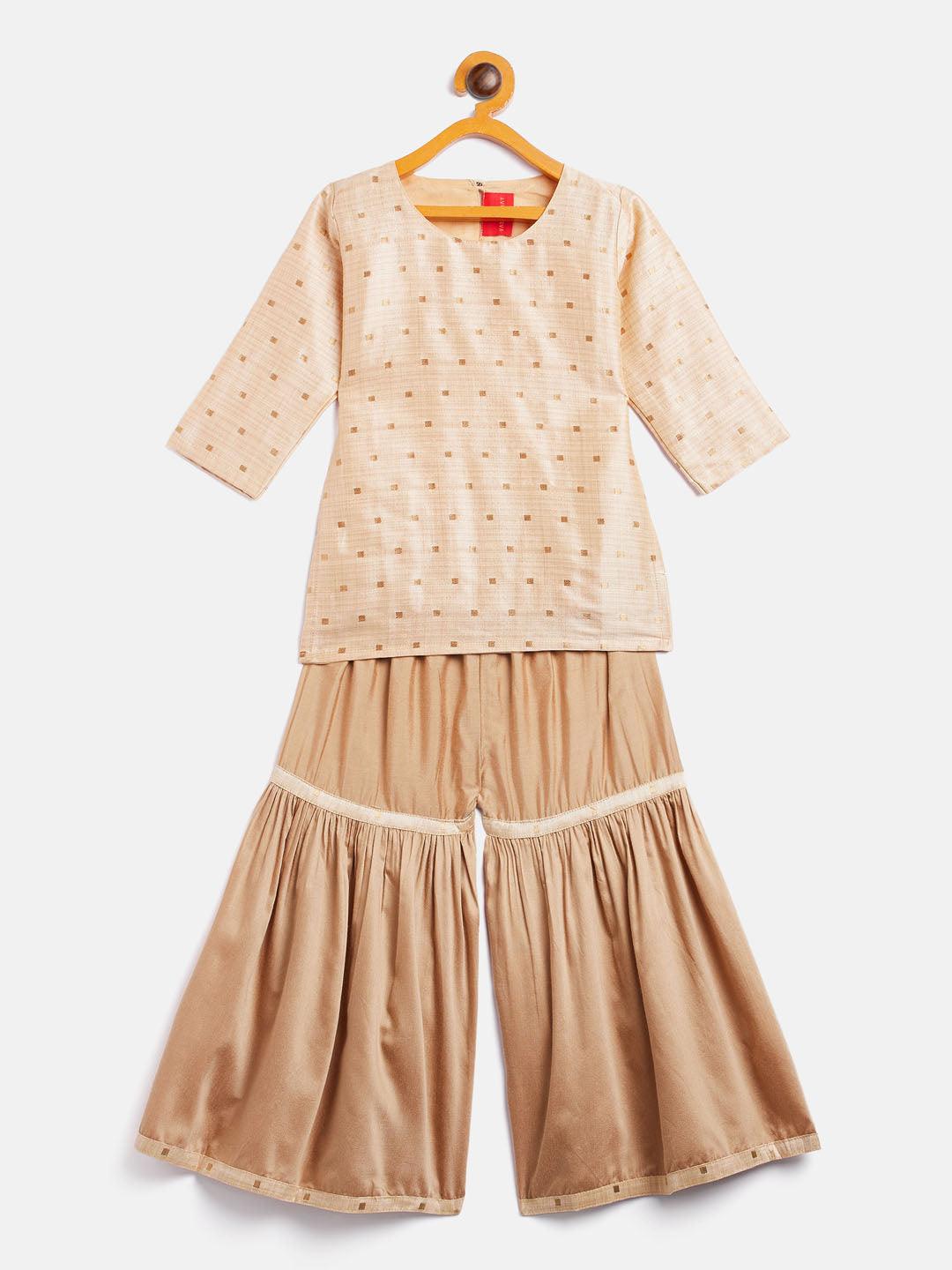 VASTRAMAY SISHU Girls' Gold Zari Kurta And Rose Gold Sharara Set - Uboric