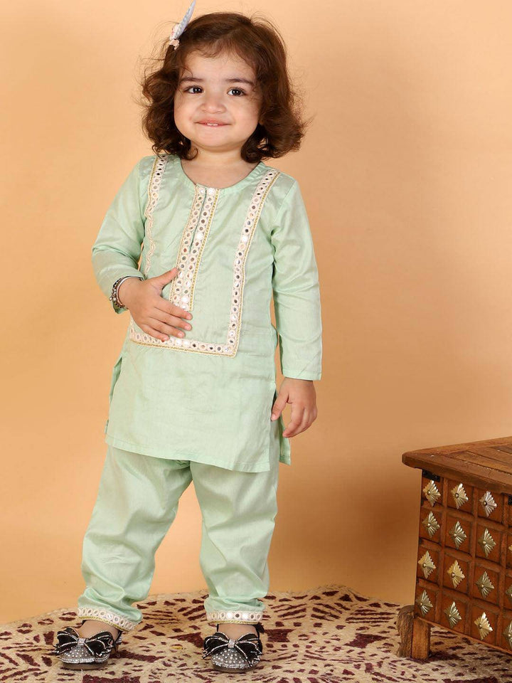 VASTRAMAY SISHU Girls' Mint Green Viscose Kurta And Straight Pant Set - Uboric