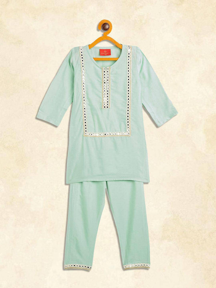 VASTRAMAY SISHU Girls' Mint Green Viscose Kurta And Straight Pant Set - Uboric