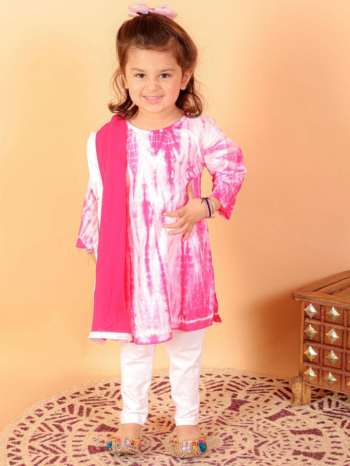 VASTRAMAY SISHU Girls Pink & White Pure Cotton Tie-Dye Kurta Leggings & Dupatta Set - Uboric