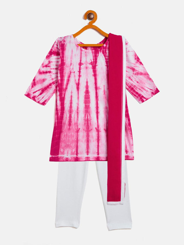 VASTRAMAY SISHU Girls Pink & White Pure Cotton Tie-Dye Kurta Leggings & Dupatta Set - Uboric