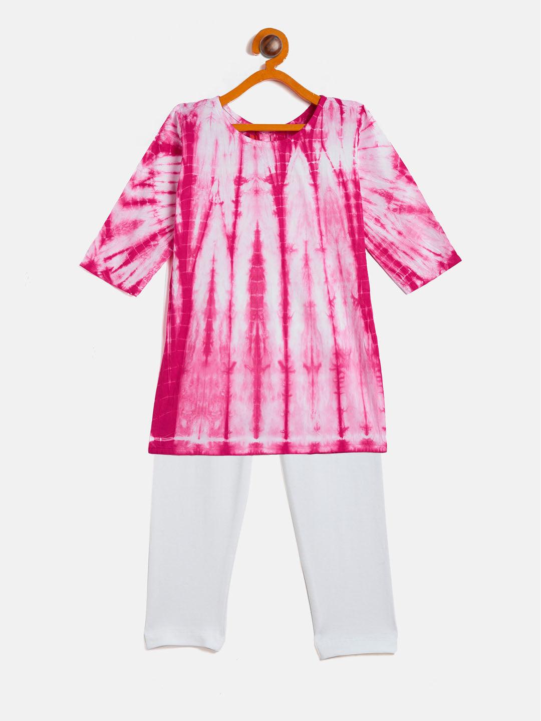 VASTRAMAY SISHU Girls Pink & White Pure Cotton Tie-Dye Kurta Leggings & Dupatta Set - Uboric