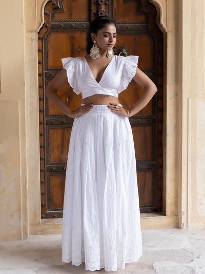 White Alyssum Cotton Schiffli Top with Skirt - Uboric