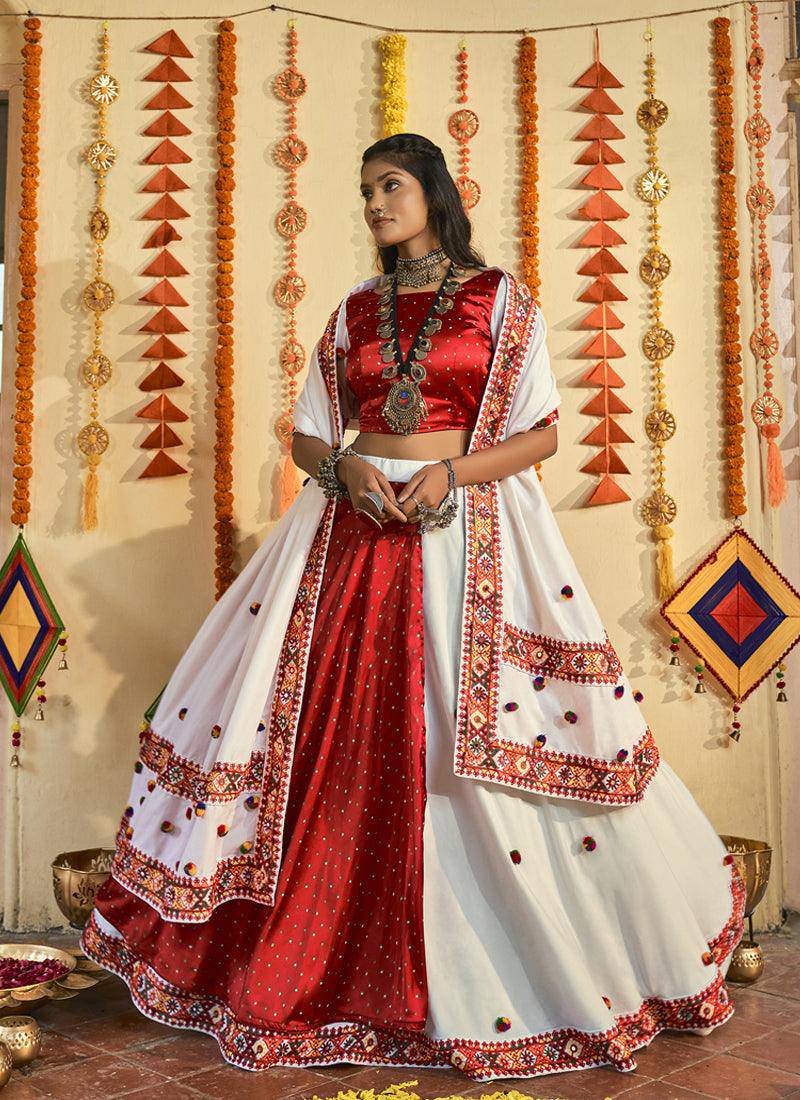 White and Red Color Muslin Cotton Latest Chaniya Choli (Fully Stitched & Ready To Wear) - Uboric