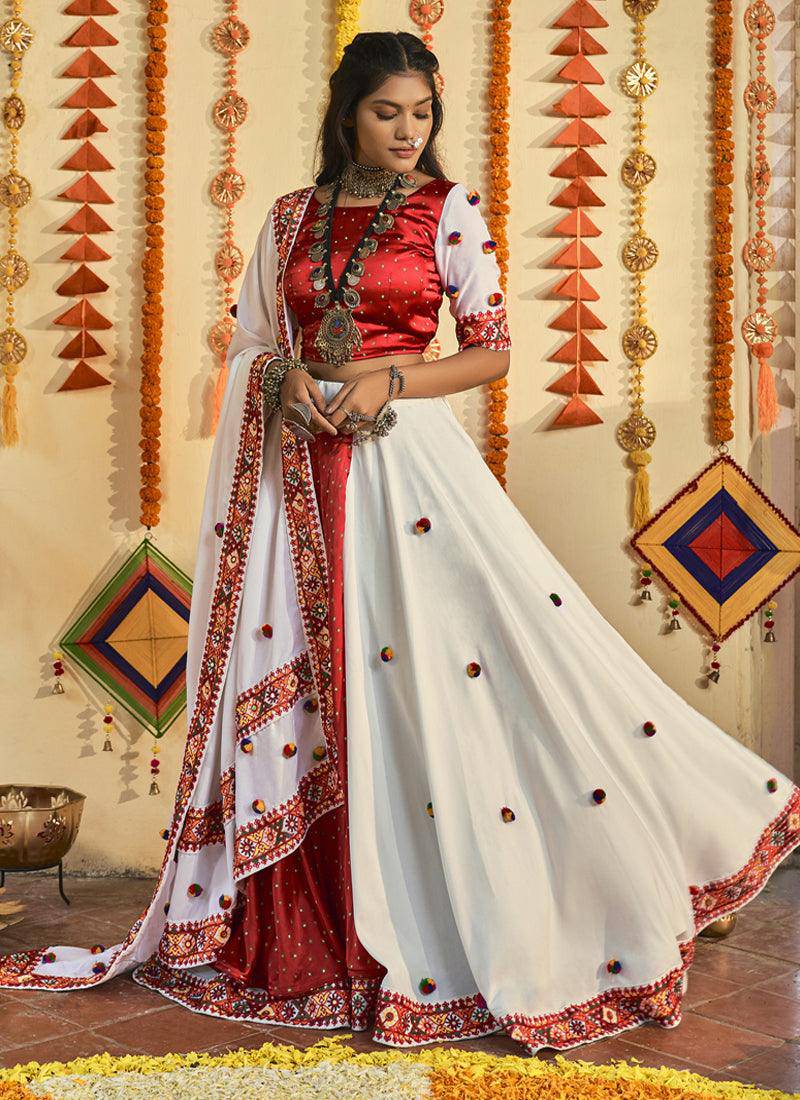 White and Red Color Muslin Cotton Latest Chaniya Choli (Fully Stitched & Ready To Wear) - Uboric