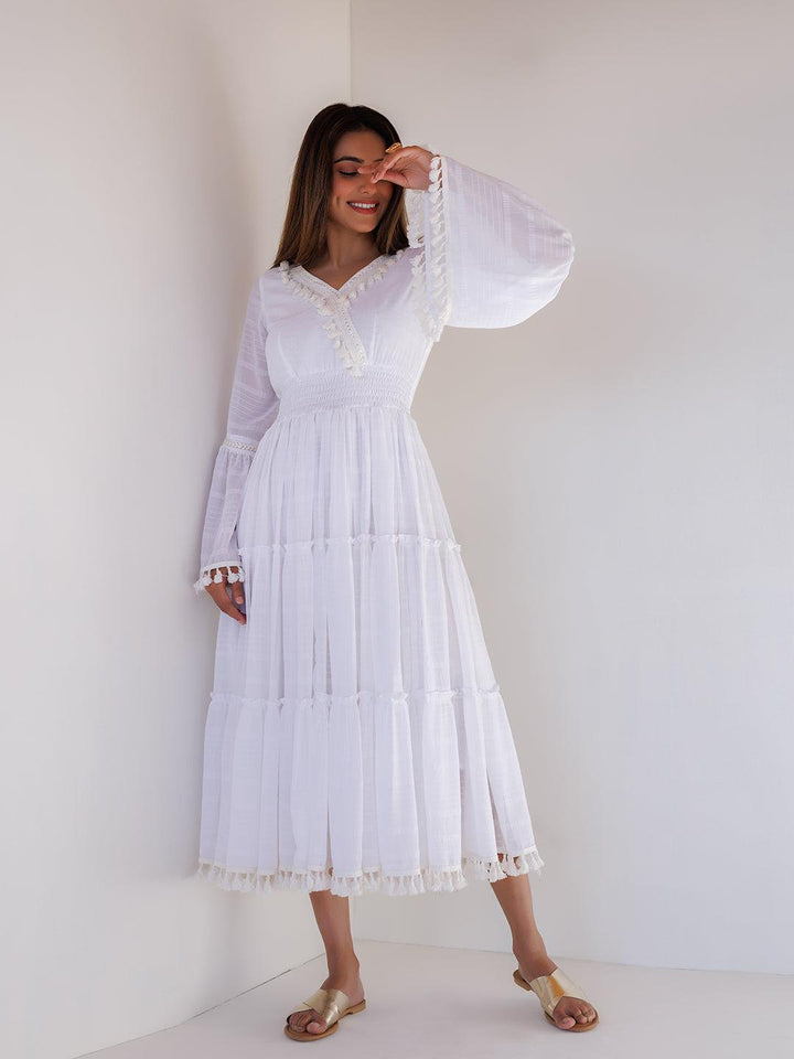 White Chiffon Midi Dress - Uboric