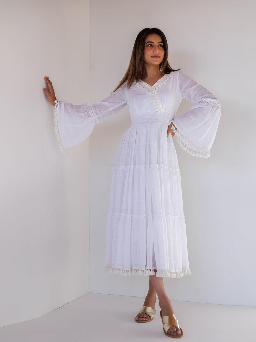 White Chiffon Midi Dress - Uboric