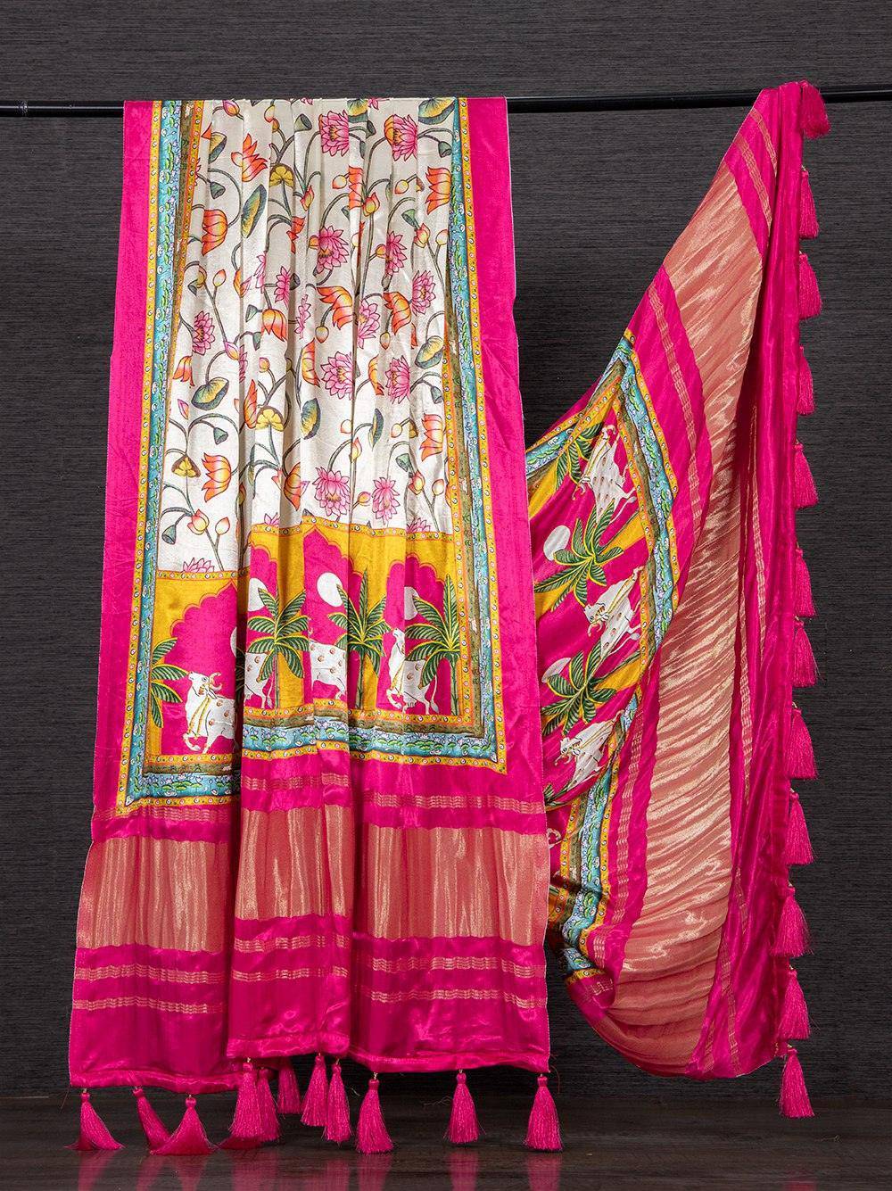 White-Pink Color Designer Pure Gaji Silk Digital Printed Dupatta - Uboric