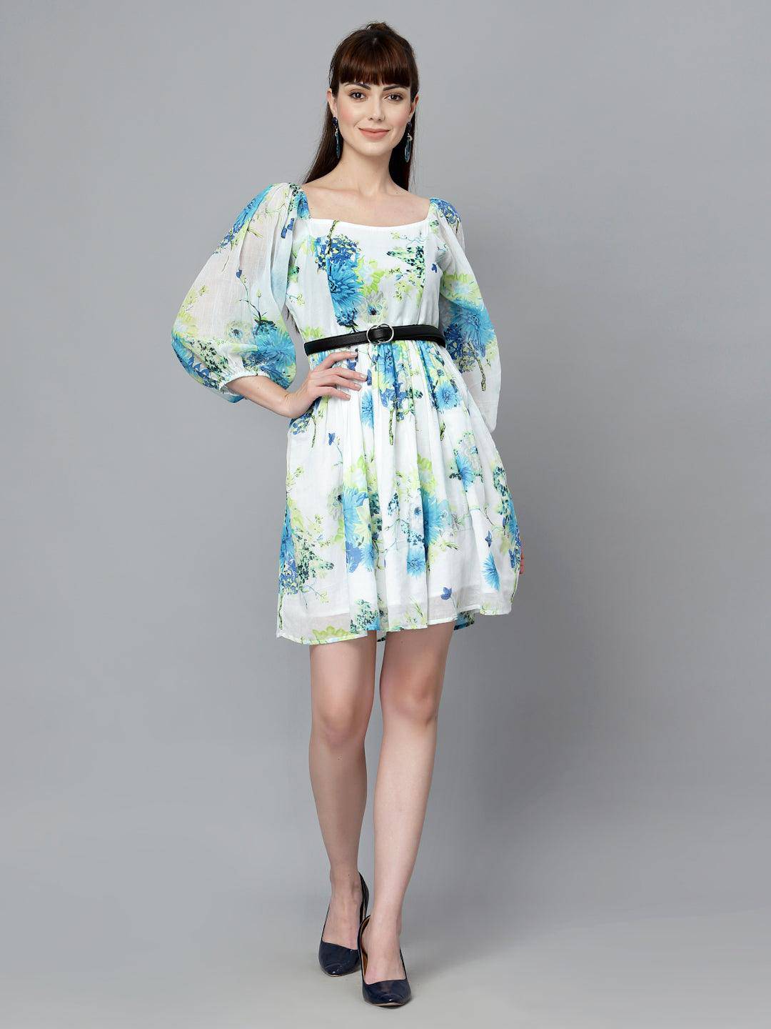 White Printed Mulmul Gathered Dress - Uboric