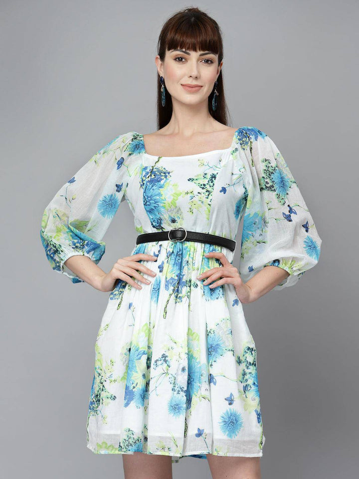 White Printed Mulmul Gathered Dress - Uboric