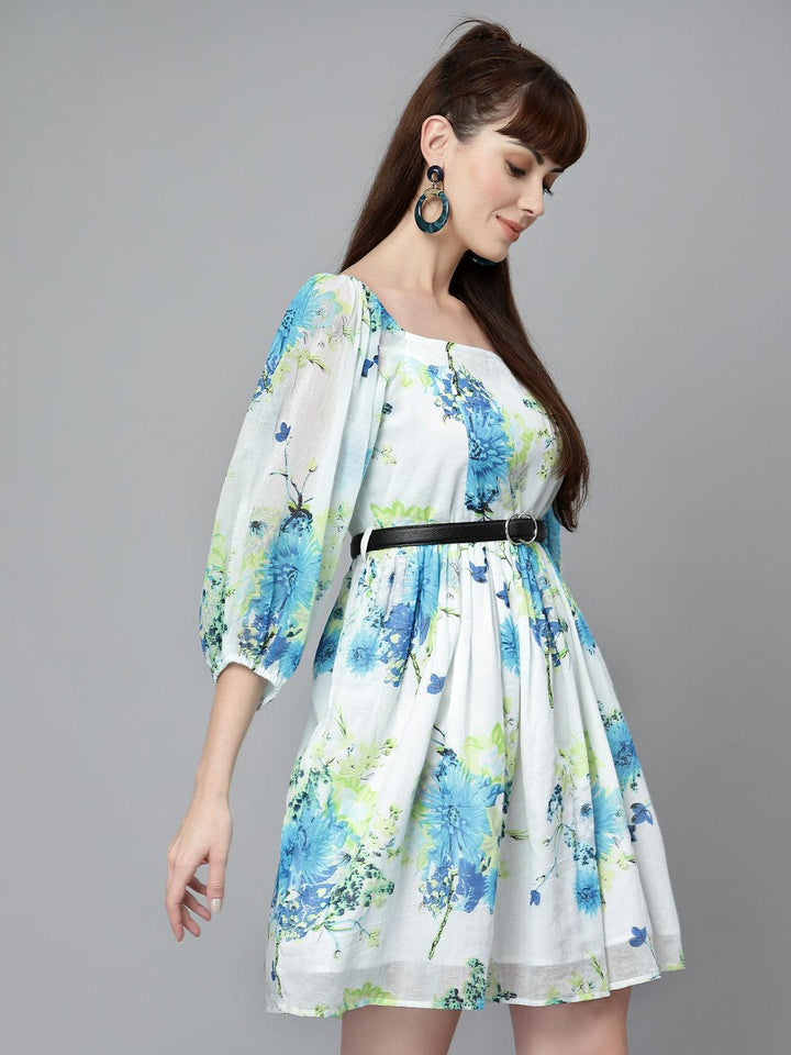 White Printed Mulmul Gathered Dress - Uboric