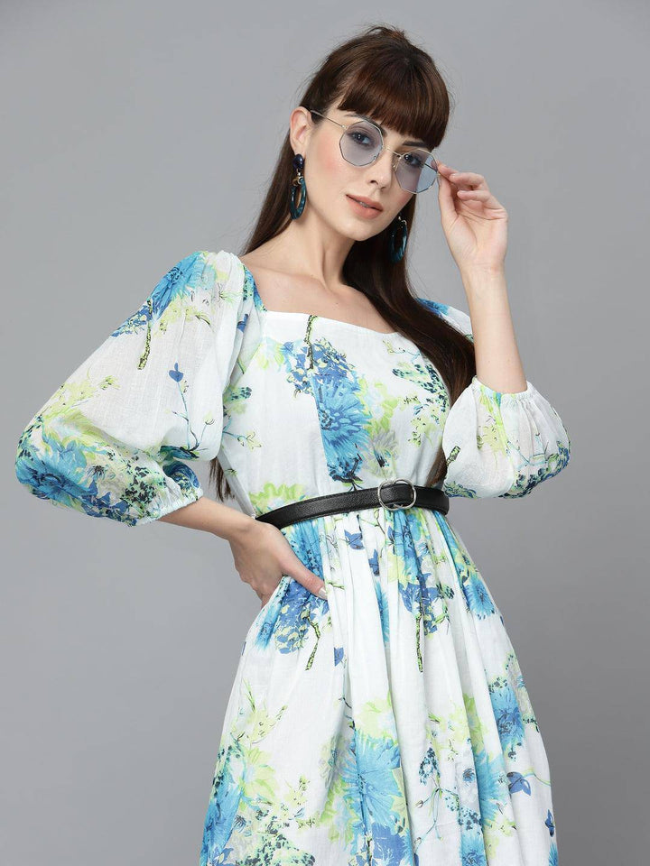 White Printed Mulmul Gathered Dress - Uboric