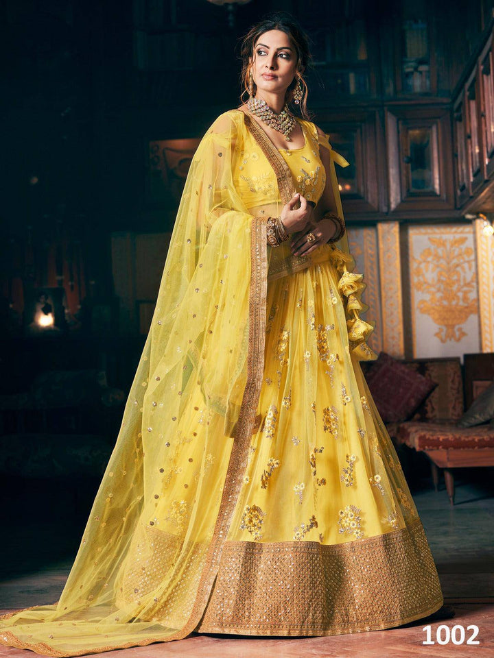 Yellow Embroidery Stitched Net Lehenga - Ready to wear - Uboric