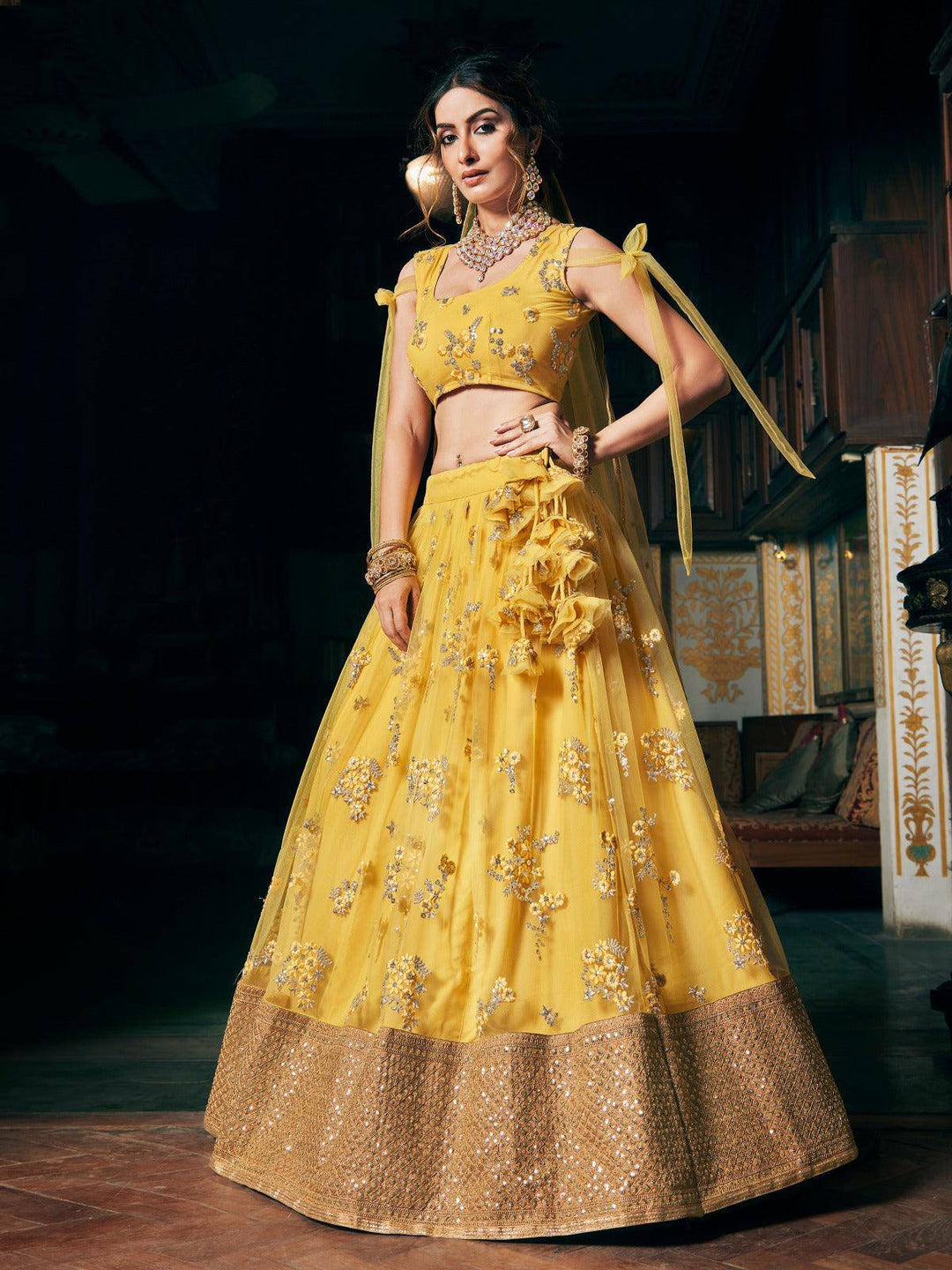 Yellow Embroidery Stitched Net Lehenga - Ready to wear - Uboric